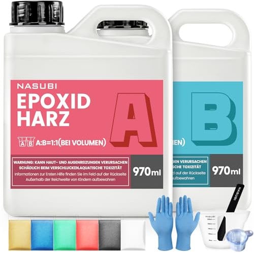 Epoxidharz Set - 1,94 L Mit Härter für Tischplatten, Schmuck, Beschichtung | Glasklar Mit 5 Resin Gießharz Farben, Silikon-Messbecher, Rührstab, Handschuhe