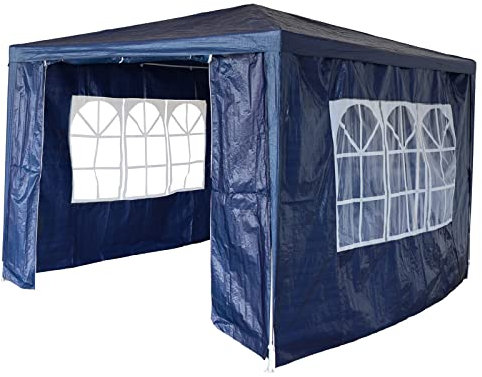 BIRCHTREE Cenador de tubo de acero de polietileno para jardín, 3 x 3 m, con 4 cremalleras laterales, 2 ventanas, toldo para patio, fiesta, camping, boda, tienda de campaña, impermeable, toldo azul