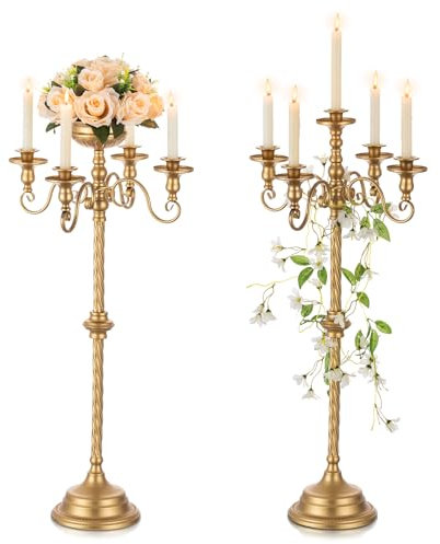 NUPTIO Chandelier Or 2 Pièces 85cm Centre de Table pour Mariage Vase Trompette À Fleurs en Métal À 5 Bras Chandelier sur Pied Fête d'anniversaire Décoration de Salle À Manger