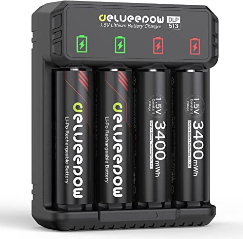 Delyeepow Rechargeable AA Lithium 1.5V Batteries 3400mWh Rechargeable AA Batteries 4-Pack with LCD Charger