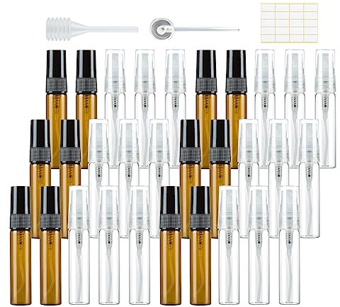 30 atomizadores de perfume vacíos de 5 ml, botella pulverizadora de cristal pequeña para rellenar, mini bolsas de perfume, rellenables, muestras de perfume para viajes, ámbar transparente con pipetas,