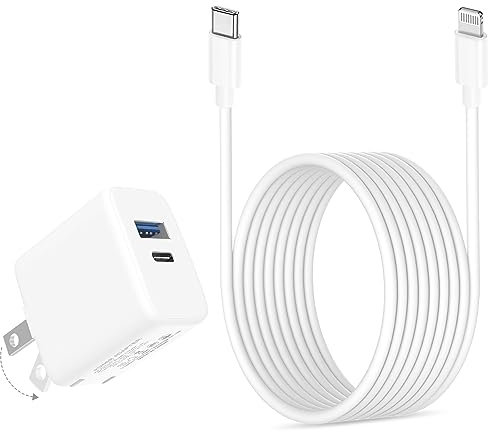 20W Dual Port Fast Charger for iPad 9th 8th 7th 6th 5th Generation 10.2 inch, iPad Air 3/2, iPad mini 5/4/3, Foldable Wall Charger with 6.6ft USB-C to Lightning Fast Charging Cable