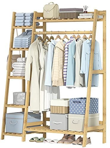 Bambus-Kleiderständer, tragbarer Kleiderständer mit Kleiderstange und 7 Regalen, Schlafzimmer, Eingangsbereich, Dachgeschoss, Keller für ordentliche Kleidung/80 cm (110 cm)