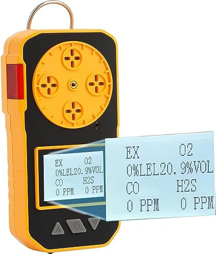 VISHUFASHION 4 en 1 Detector de Gas H2S, O2, CO y EX Monitor Analizador Medidor Portátil Recargable de 4 Gases Alarma Visual y Audible Pantalla LCD