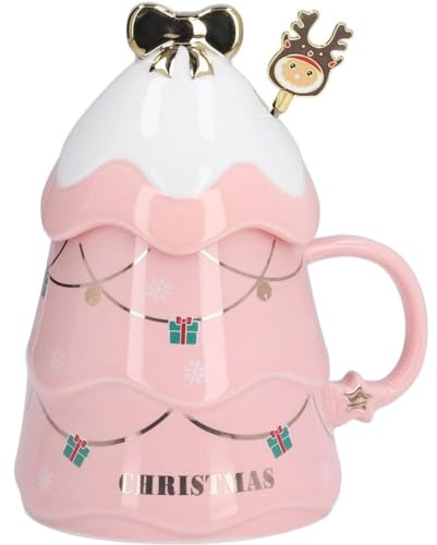 FülleMore 3D Weihnachtsbaum Trinkbecher Neuheit Weihnachtstasse Keramik Kaffeebecher mit Deckel und Ruhrstab 500ml große Kaffeetasse Geschenktasse für Frauen Mädchen Kollegin (Rosa)