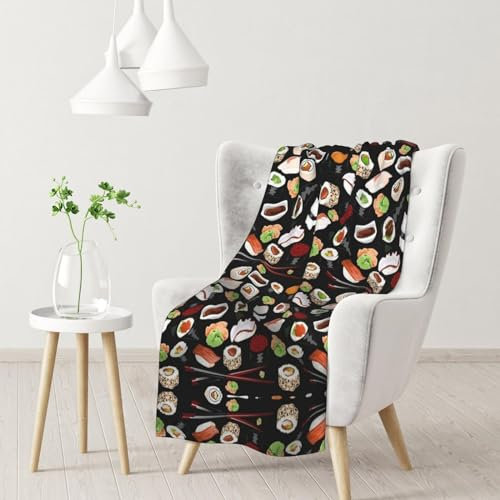 Japanische Sushi-Decke, schwarz, bedruckt, ultraweiche Mikrofaser, warm und flauschig, warm und bequem