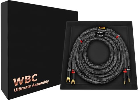 WORLDS BEST CABLES 6 Foot Ultimate - 9 AWG - Ultra-Pure OFC - Premium Audiophile HiFi Speaker Cable for Center Channel with Eminence Gold Banana (x2) & Spade (x2) Plugs & Carbon Tweed Jacket