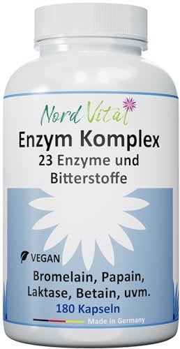 Enzym Komplex mit 23 aktiven Inhaltsstoffen – 180 magensaftresistente Kapseln – Verdauungsenzyme hochdosiert mit Bromelain, Papain, Lipase Enzym, Betain HCL & Bitterstoffen – Vegan – Digestive Enzymes