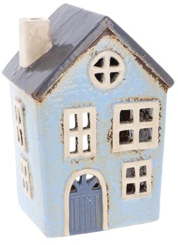 Shudehill Giftware Village Pottery Round Window Blue House Tealight Holder