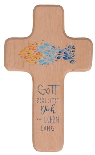 Butzon & Bercker Kinderholzkreuz 18x11 cm - Wandkreuz Buche zur Taufe | Buntes Kinderkreuz mit Schutzengel-Motiv und Segenswunsch, ideal als Geschenk zur Erstkommunion oder Konfirmation
