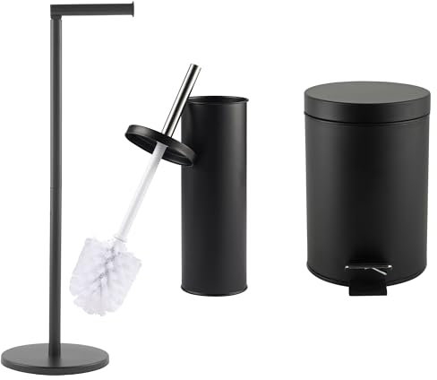 Beldray COMBO-9038 Bathroom Accessories Set – 3 Piece With 3L Soft Close Waste Pedal Bin, Toilet Brush & Holder, Freestanding Toilet Roll Holder, Stiff Bristle Cleaning Brush, Stylish Black Finish
