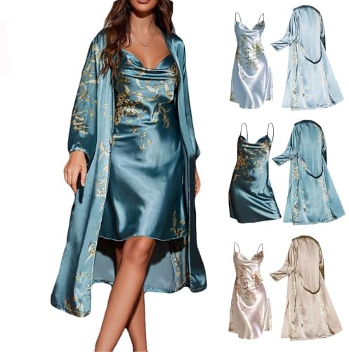 Rpporm Damen Morgenmantel mit Nachthemd Zweiteiliger Spaghettiträger Satin Set Morgenmantel Bride Bademantel Kurz Nachtwäsche Nachtkleid Sexy Dessous Negligee Kimono 2er Pack