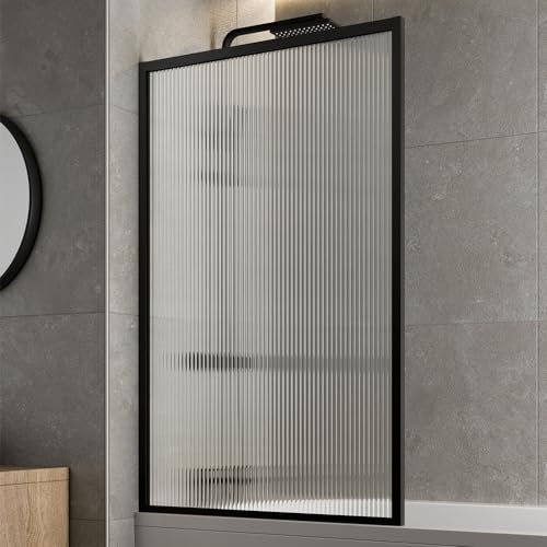 LUXURA® Matt Black Square Framed Fluted Over Bath Shower Screen 6mm Toughened Safety Glass Panels 800mm Bathroom Reversible Screen
