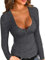 Fisoew Langarmshirt Tiefer Ausschnitt Damen Henley Shirt Sexy Baumwolle Button Down Oberteile(Dunkelgrau,M)