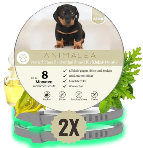 Animalea® [2 Stück] Zeckenhalsband für kleine Hunde - verbesserte Formel mit Schwarzkümmelöl - 100% Natürlich - bis zu 8 Monate wirksamer Schutz gegen Zecken Flöhe Läuse Ungeziefer