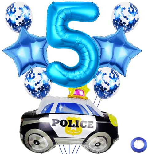 Kawailay 5 Jahr Polizei Geburtstag Luftballons 5. Polizei Geburtstag Deko Polizist 5. Geburtstag Deko Ballons Polizeiauto Folienballon Blau Zahl 5 Luftballon für Junge Geburtstag Party
