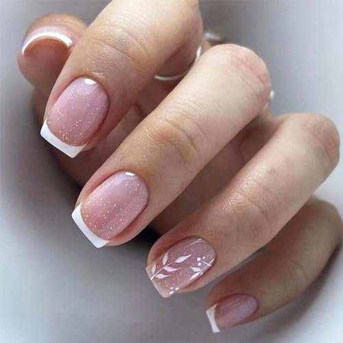 NICENEEDED 24 Pcs Short Square Press on Nails, French Tips Fake Nail, Nude Pink False Nails Full Cover Nail Tips Stick on Nails Acrylic Nails Artificial Nails for Women Nail Art Halloween