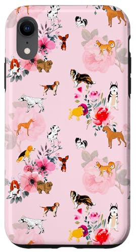 iPhone XR Puppies,dogs,pattern,flowers,roses Case