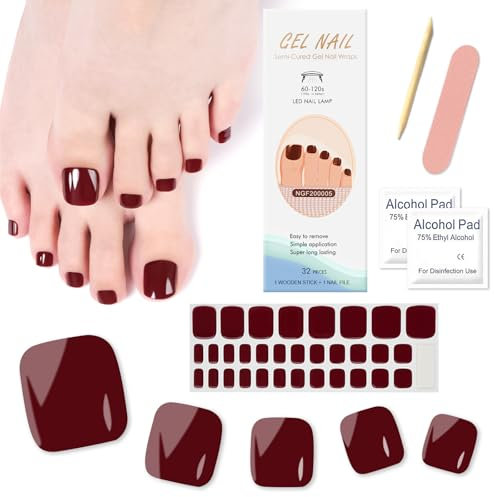 Ceboic 32 Stück Fußnägel Nagelfolie, Selbstklebend Fußnagel Sticker Nail Wraps Zehennagelaufkleber, Nagelfolie UV Härtend Pediküre Wraps für Damen Mädchen Fußnagel Nagelkunst (Burgunderrot)