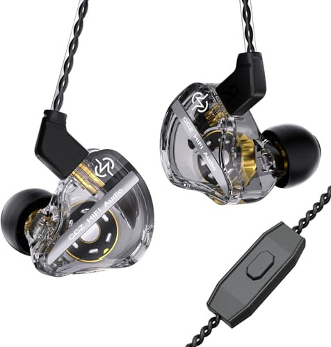 in Ear Monitor with Mic, CCZ DC01 PRO Ultra-strong Bass Wired Gaming Earbuds Headphone with 4N OFC Detachable IEM Cable, IEM Earphone Noise Canceling Headset for Singers Musicians (Clear, with Mic)