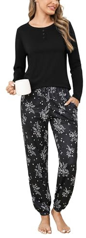 Jahetuul Pigiama Donna Cotone Maniche Lunghe e Pantaloni del Pigiama Stampati con Tasca 2 Pezzi Pigiama Donna Lungo Morbido e Confortevole con Tasche e Coulisse S-XXL