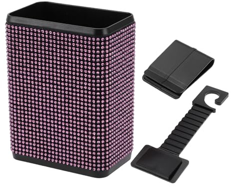 RATCHROLL 1 Pcs Universal Car Trash Can Hanging 4.3 Length 2.8 Width 5.5 Height Trash Bin with Hook and Back Clip Pink Plastic Rhinestone