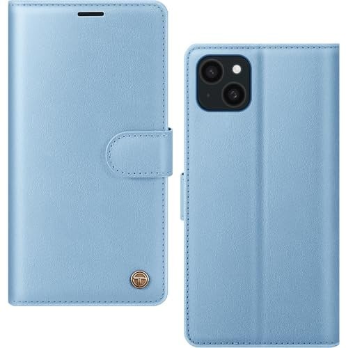 AIMOYU for iPhone 13 Case, Flip Wallet Leather Phone Case with [4 Card Slots] [Kickstand] [RFID Blocking] Magnetic Protective Shockproof Cover for iPhone 13 Phone Case - Sky Blue