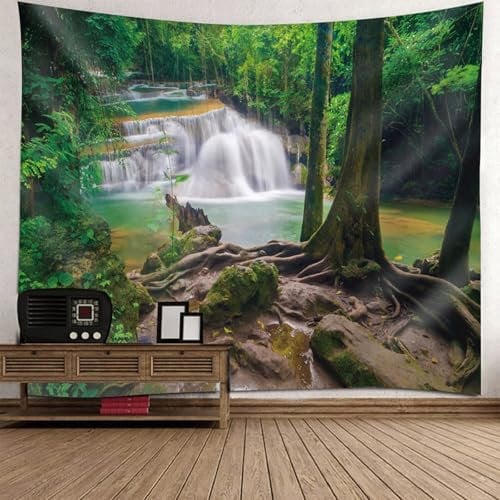 Epinki Wandtuch Natur, Wandteppich Landschaft Natur Wasserfälle Wald Wandteppiche Polyester Accessoires für die Wand in Wohnzimmerdekoration, Grün, 240x220cm