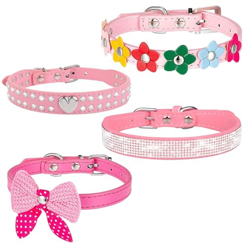 Suiecuor 4 Stück welpenhalsband hundehalsband Strass hundehalsband kleine Hunde mittlere Hunde und Katzen Rosa XS