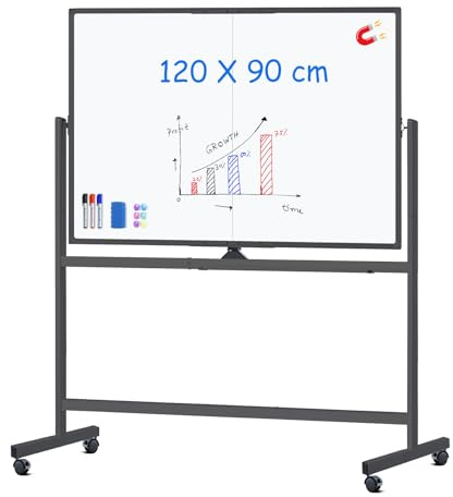 maxtek Whiteboard mit Ständer 120 x 90 cm, Magnetisches Flipchart | Doppelseitige Mobile White Board mit Aluminiumrahmen, Große Magnettafel auf Rollen , Inkl. Stiften, Schwämme, Tafellöscher
