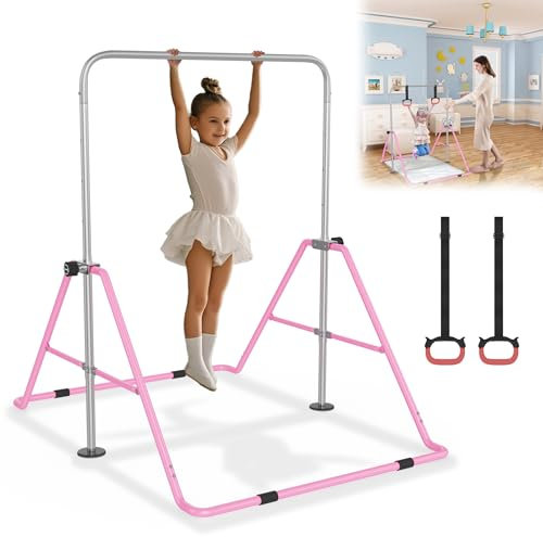 YRHome Höhenverstellbar Gymnastikstange Kinder Faltbarer Reckstange Indoor Gymnastics Bars Turngeräte Für Kinder Indoor Gym Garten Max. Belastbar 140 LBS Mit Zugring Rosa