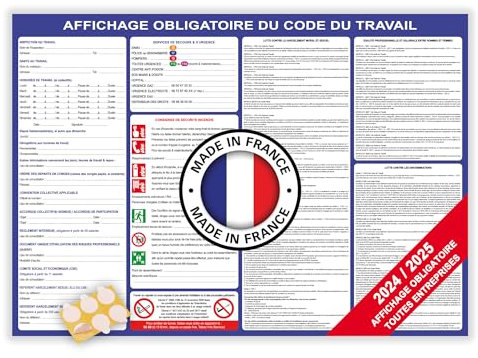 Affichage obligatoire entreprise code du travail 2024 2025 - Affichage réglementaire entreprise - Panneau affichage obligatoire entreprise format A2 pour écriture permanente + pastilles adhésives
