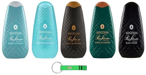 5x Testpaket Pino Silvestre Duschgel Classico Soffio di Talco + Weißes Moos + Black Musk + Forte di Natura + Arganöl Badeschaum Bagnoschiuma,750ml + Beni Culinari Kostenloser Schlüsselanhänger