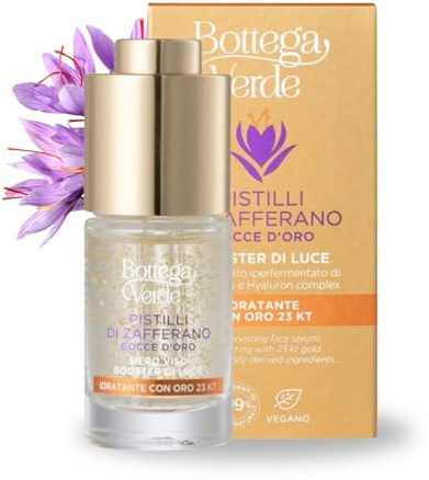 Bottega Verde - Pistilli di Zafferano, Gocce D'Oro, Siero Viso Booster di Luce, 10 ml, Trattamento Idratante e Illuminante, con Oro 23 KT, Estratto Iperfermentato di Zafferano e Hyaluron Complex