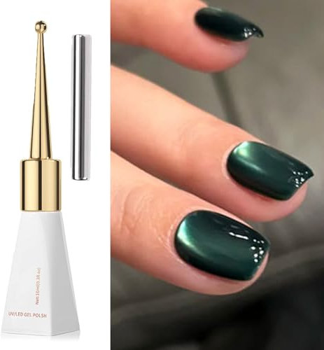 Dark Green Cat Eye Gel Nail Polish Green Magnetic Nail Polish with Magnet Stick Soak-Off UV/LED, Holographic Cat Eye Gel Polish for Nail Art Salon DIY Home