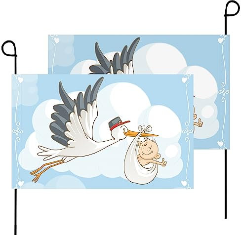 Garten Flaggen Babyparty, Storch Mit Baby Feiertage Flags Dekoration Personalisierte Gartenflagge Uv-Beständig Gartens Banner Für Parade Party Outdoor 90X152CM