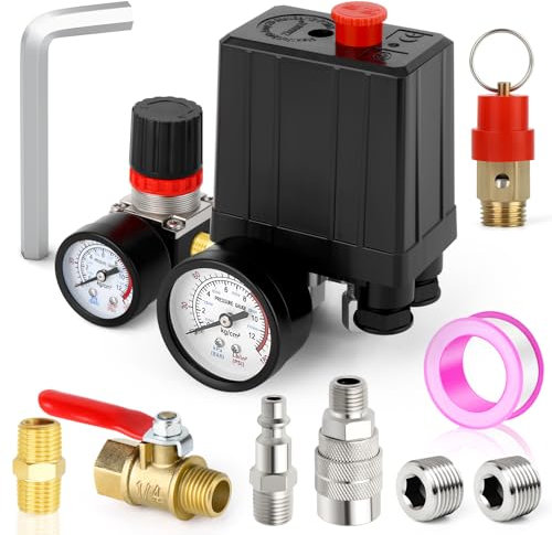 MEANLIN MEASURE Air Compressor Pressure Switch Control Valve 90~120 PSI 110V~240V 4~way Replacement Parts With 0~180 Psi Air Compressor Regulator and Safety Pressure Relief Valve