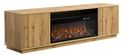 Vente-unique-Mueble TV 2 Puertas de MDF con Efecto Chimenea LED - Natural y Negro - YEVINA