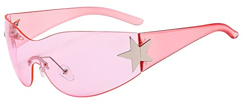 pvucpot Lunettes de Soleil Sans Monture pour Femme Homme, Lunettes de Soleil Y2k Enveloppant Lunettes Futuriste de Mode avec Étoile