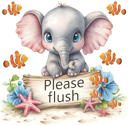 Cute Elephant Bathroom Fish Toilet Sticker, Non Transparent Waterproof Please Flush Sea Creature Wall Art Decal Kids and Childrens Vibrant Loo Seat Sign with Fishes