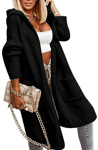 Cicy Bell Womens Long Cardigans Cable Knitted Open Front Sweater Oversized Hooded Outerwear Coat,Black,L