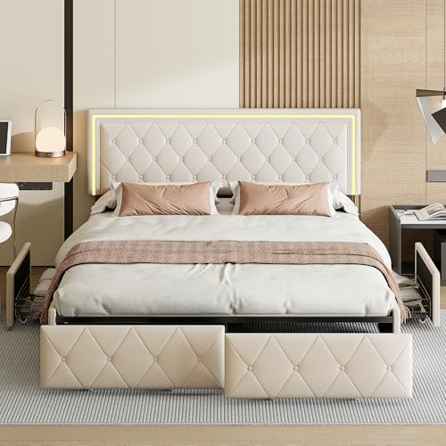 BRYXR Bett 160x200, Doppelbett mit LED-Beleuchtung, Polsterbett mit Stauraum, 4 Schubladen und verstellbarem Kopfteil, Praktischer Rahmen für Teenager, Cremeweißes PU
