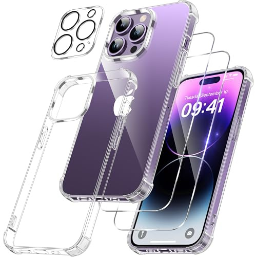 FLLAO 4 in 1 für iPhone 14 Pro Hülle, Durchsichtig | 2 Schutzfolie und 1 KameraSchutz, Integriertes Luftkissen,Stoßfest Kratzfest Weich TPU Handyhülle,Transparent Schutzhülle
