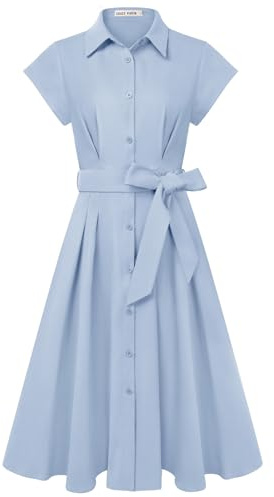 GRACE KARIN Women's Summer Short Sleeve Shirt Dress A-Line Midi Dresses | Lapel Neck Buttons Front Shirt Dresses Casual Elegant Tie Waist Dresses for Women UK with Pocets Work Wedding