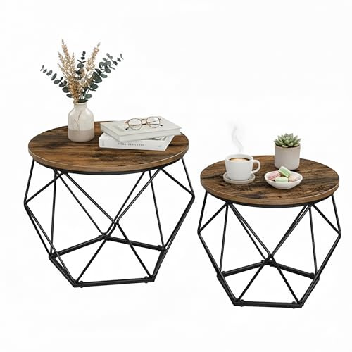 Relaxdays Couchtisch, 2er Set, Holzoptik & Metall, braun/schwarz | Industrial-Design, runde Beistelltische, Wohnzimmer