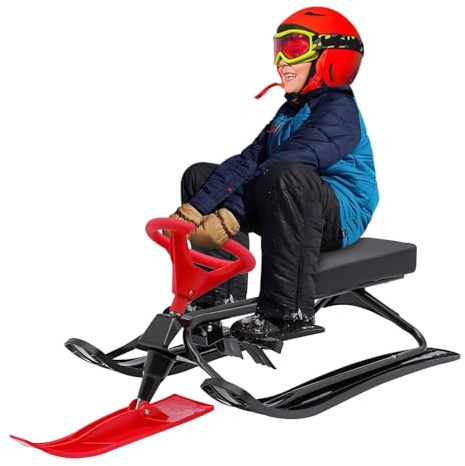 Snow Racer Sled 114×50×38 cm Rodelschlitten Schneerennschlitten mit Lenkrad & Doppelbremsen rutschfeste Trittfläche Robuster Ski Sled Slider Board für Kinder & Erwachsene 100 kg (Schwarz+Rot)