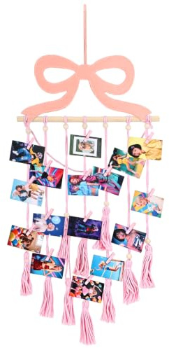 Wenceda Hängender Fotohalter mit Rosa Schleife Bilderrahmen Collage mit 30 Clips DIY Fotowand Fotogirlande für Wohnkultur Hochzeiten Festlichen Dekorationen und Persönliche Erinnerungen