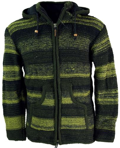 GURU SHOP Kuschelige gefütterte Strickjacke aus Schafwolle, Unisex | Fleece gefüttert, abnehmbare Kapuze, geräumige Taschen, fair gehandelt in Nepal