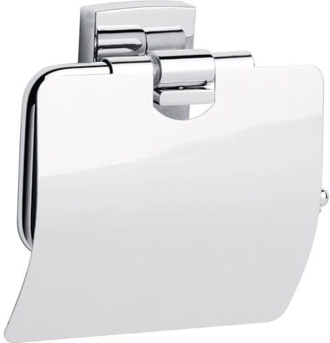 tesa KLAAM Toilettenpapierhalter mit Deckel, verchromt - WC-Rollenhalter zur Wandbefestigung ohne Bohren, inkl. Klebelösung - 125mm x 140mm x 53mm