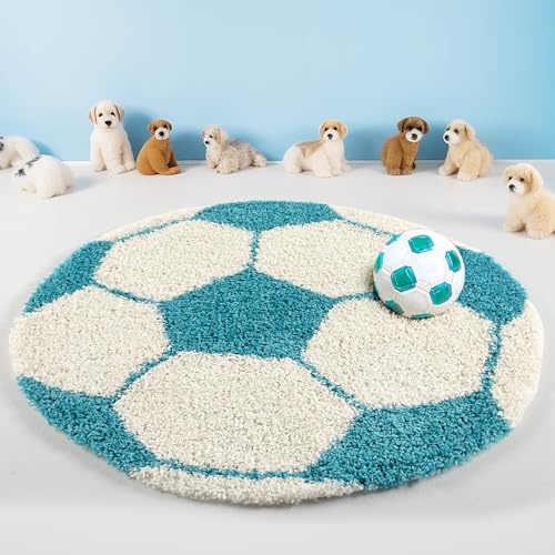 Teppium Kinderteppich Hochflor 120 cm Rund Türkis - Fussball Teppich für Jungen und Mädchen, Extra Weich, Flauschig und 30 mm Florhöhe - Runder Teppiche fürs Kinderzimmer, Babyzimmer und Spielzimmer